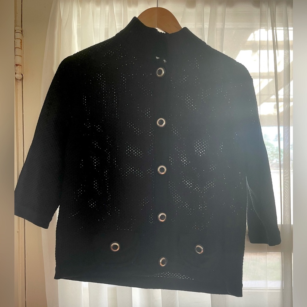 Jamie Sadock Womens knit blouse black sheer mesh knit cotton size M